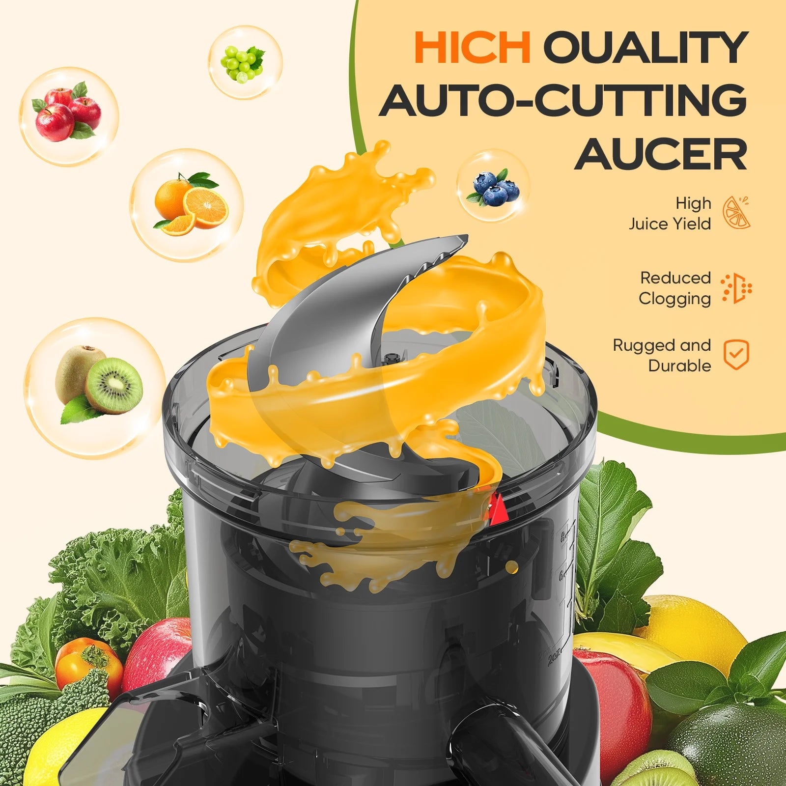 JADUS Cold Press Juicer, 5.8" Wide Feed Chute, Supports Fruit & Vegetable,High Juice Yield & Easy to Clean, Extractor Machine with 400W