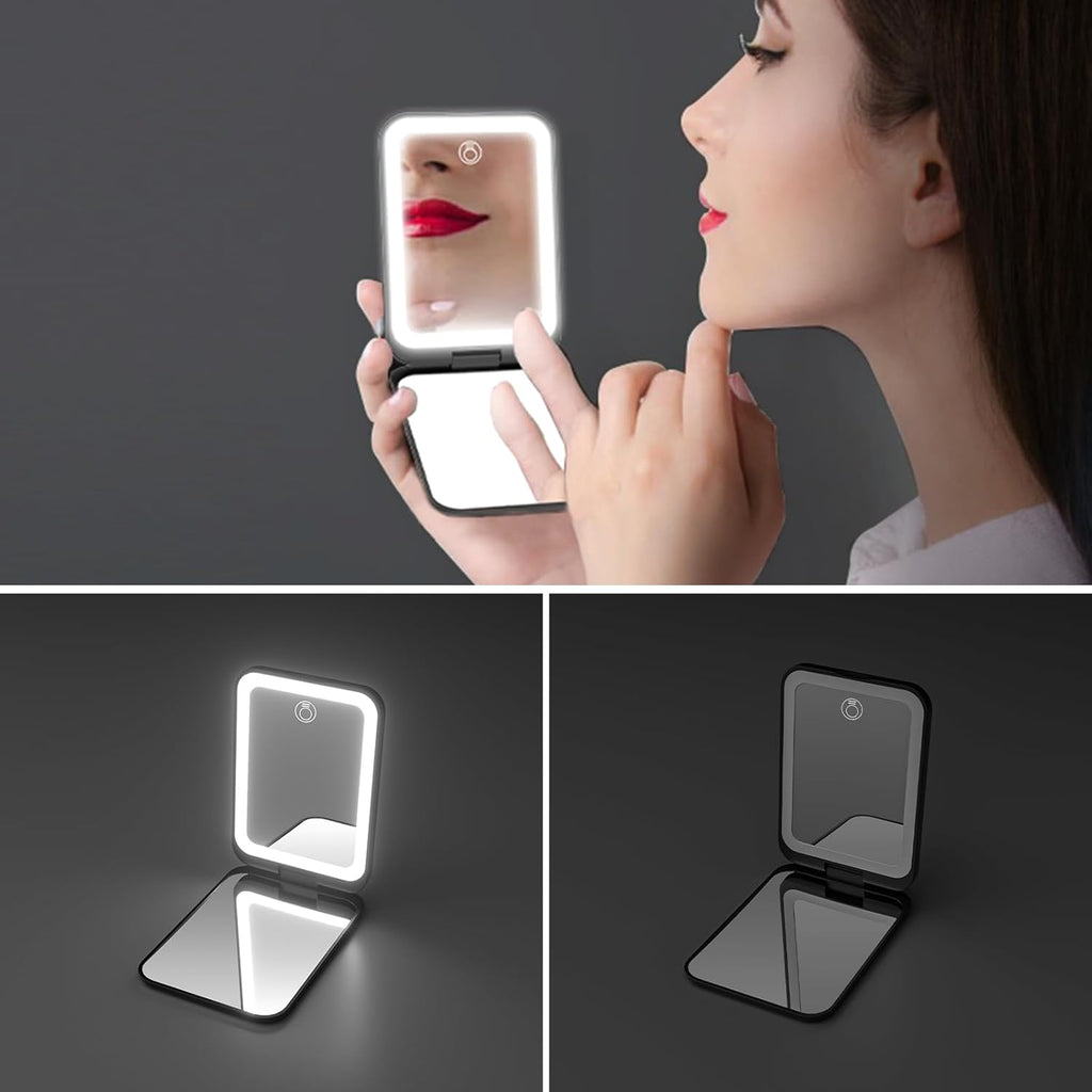 2025 Pocket Mirror, Rechargeable Dimmable 3 Color Lighting 1X/3X LED Compact Travel Makeup Mirror for Purse, Portable, Folding, Handheld, Small Lighted Mirror for Women Gift, Black