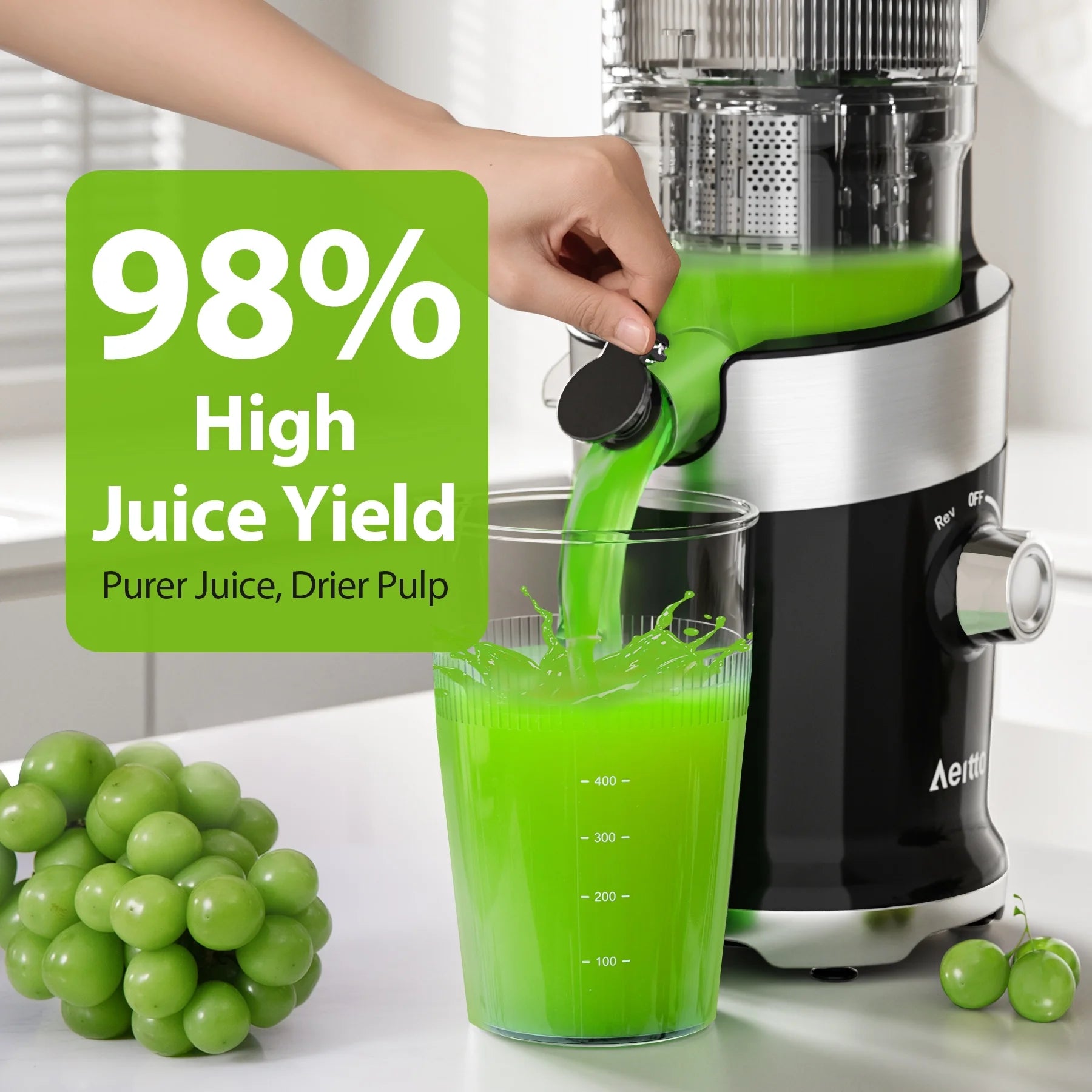 Cold Press Juicer Machine, Slow Masticating Juicer with 98% Yield, Wide Chute for Whole Fruits