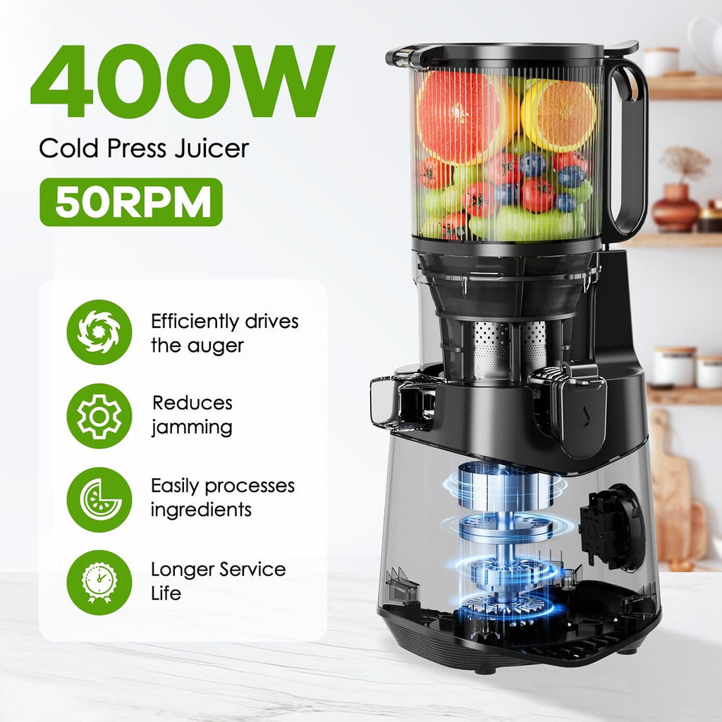 Cold Press Juicer, 5.8" Wide Feed Chute, With 400W Slow Masticating Juicer, Designed For High Juice Yield From Whole Fruits & Vegetables, Easy to Clean, Dark Grey
