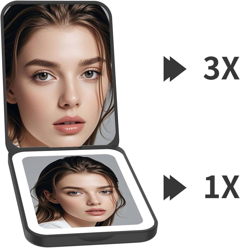 2025 Pocket Mirror, Rechargeable Dimmable 3 Color Lighting 1X/3X LED Compact Travel Makeup Mirror for Purse, Portable, Folding, Handheld, Small Lighted Mirror for Women Gift, Black