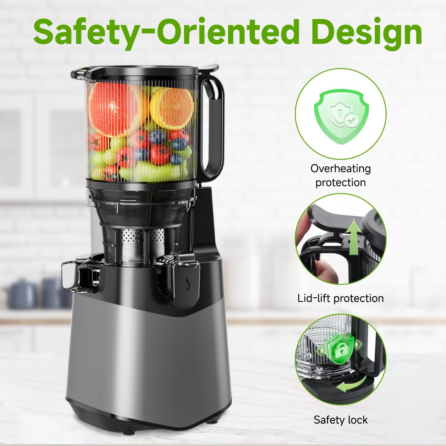 Cold Press Juicer, 5.8" Wide Feed Chute, With 400W Slow Masticating Juicer, Designed For High Juice Yield From Whole Fruits & Vegetables, Easy to Clean, Dark Grey