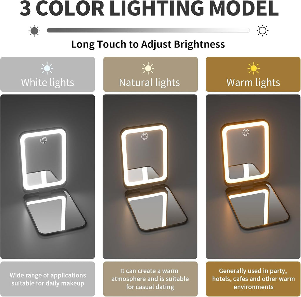 2025 Pocket Mirror, Rechargeable Dimmable 3 Color Lighting 1X/3X LED Compact Travel Makeup Mirror for Purse, Portable, Folding, Handheld, Small Lighted Mirror for Women Gift, Black