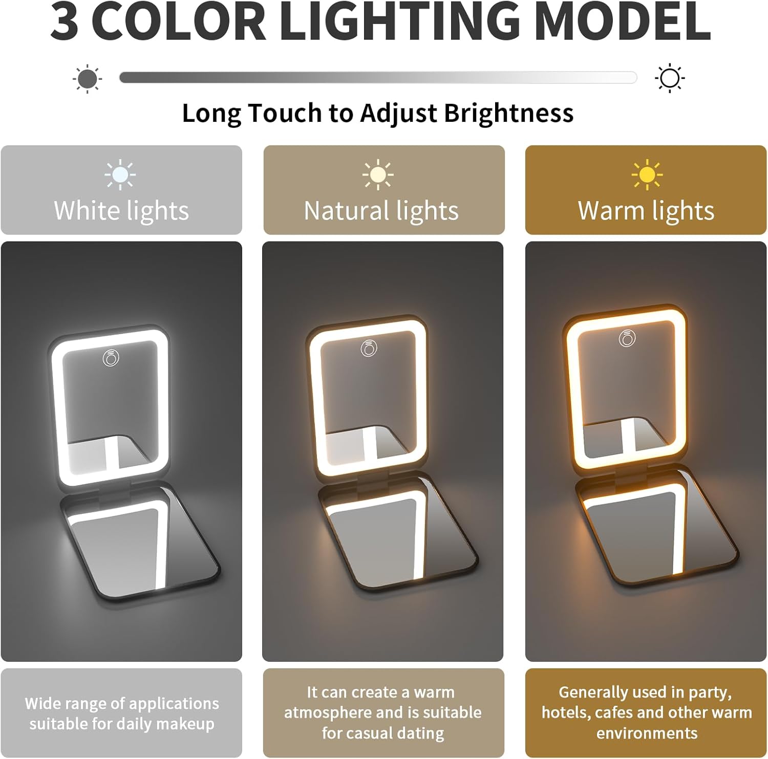 2025 Pocket Mirror, Rechargeable Dimmable 3 Color Lighting 1X/3X LED Compact Travel Makeup Mirror for Purse, Portable, Folding, Handheld, Small Lighted Mirror for Women Gift, Black