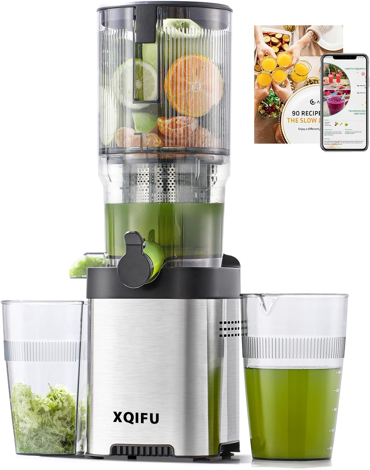 Cold Press Juicer, 5.2" Juicer Machines with Large Feed Chute for Whole Fruits & Vegetables, Stainless Steel Juice Extractor with Large Auger