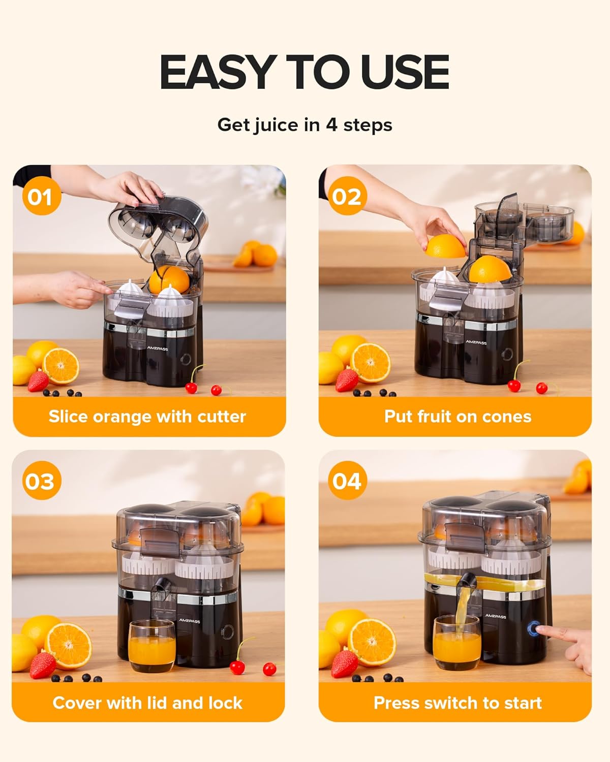 Dual-Head Electric Citrus Juicer, Lemon Squeezer with Power Cord and Cleaning Brush, 1-Button Automatic Juicer Machine for Orange, Lemon, Lime, Easy to Clean & Use, Built-in Cutter(Black)