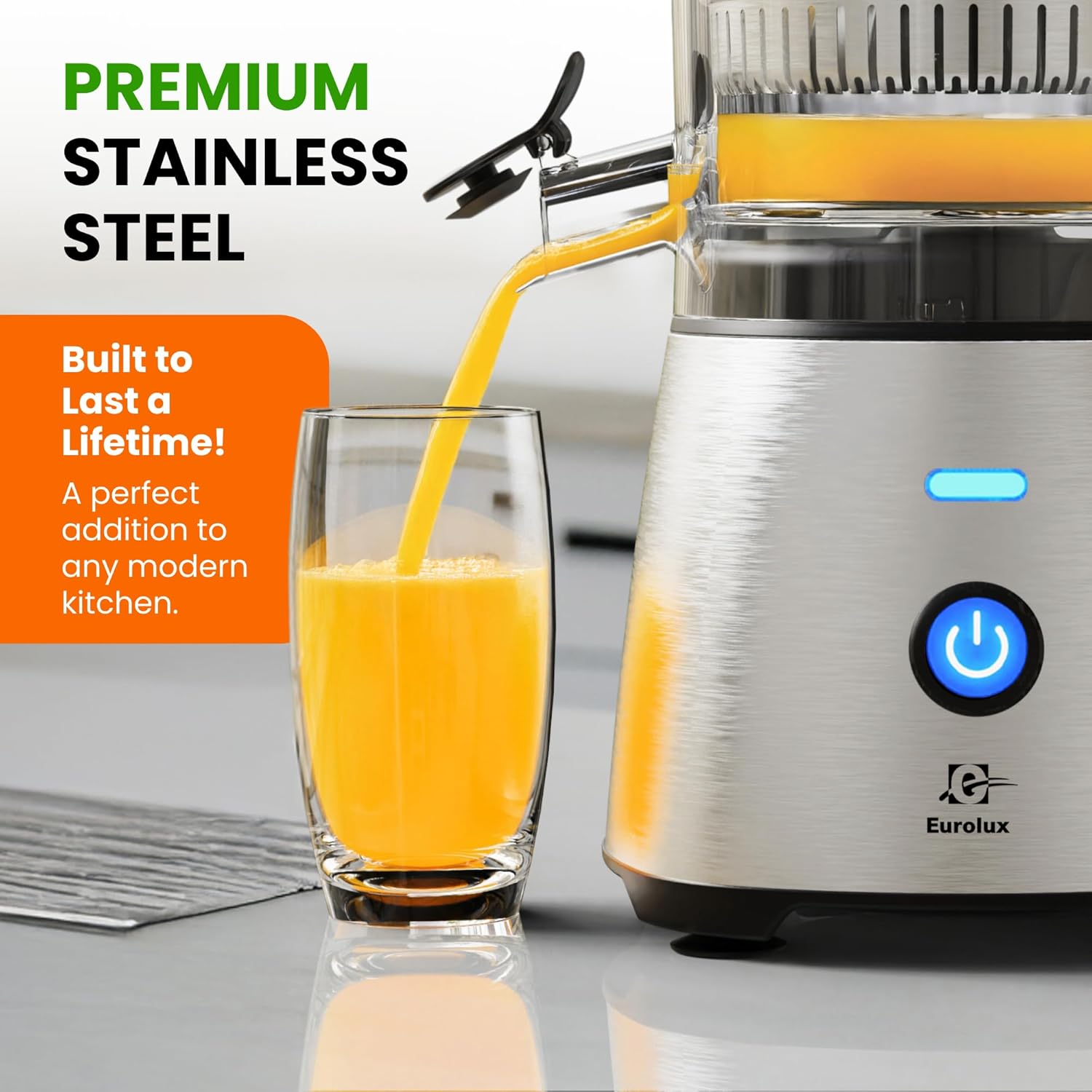 Eurolux Electric Citrus Juicer Stainless Steel | Premium Hands-Free One-Touch Orange Juice Squeezer for Oranges, Lemons, and Limes | Quiet Operation, Easy to Clean, Countertop Small Kitchen Appliance