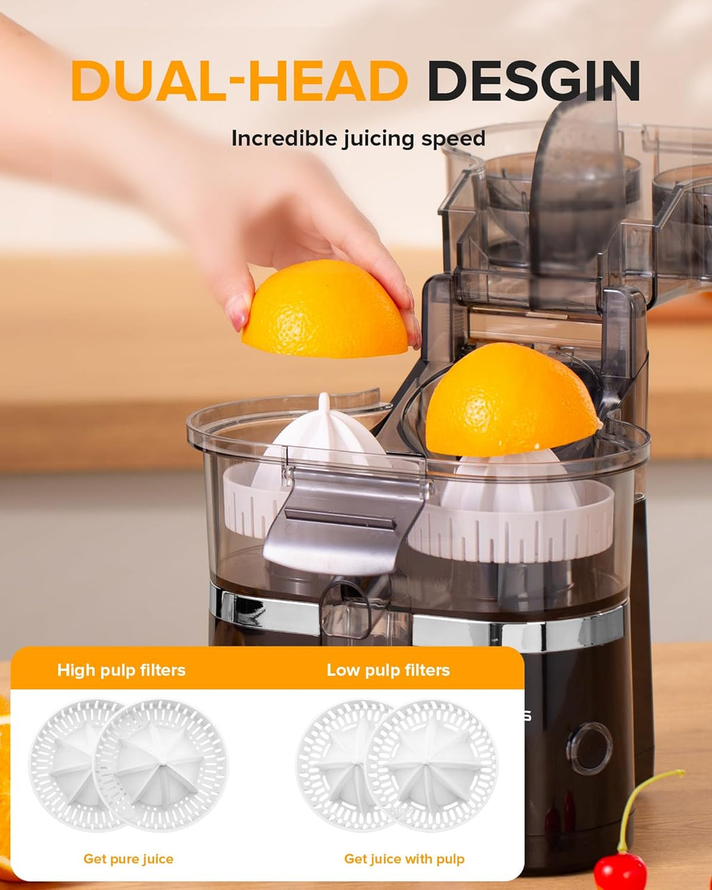 Dual-Head Electric Citrus Juicer, Lemon Squeezer with Power Cord and Cleaning Brush, 1-Button Automatic Juicer Machine for Orange, Lemon, Lime, Easy to Clean & Use, Built-in Cutter(Black)