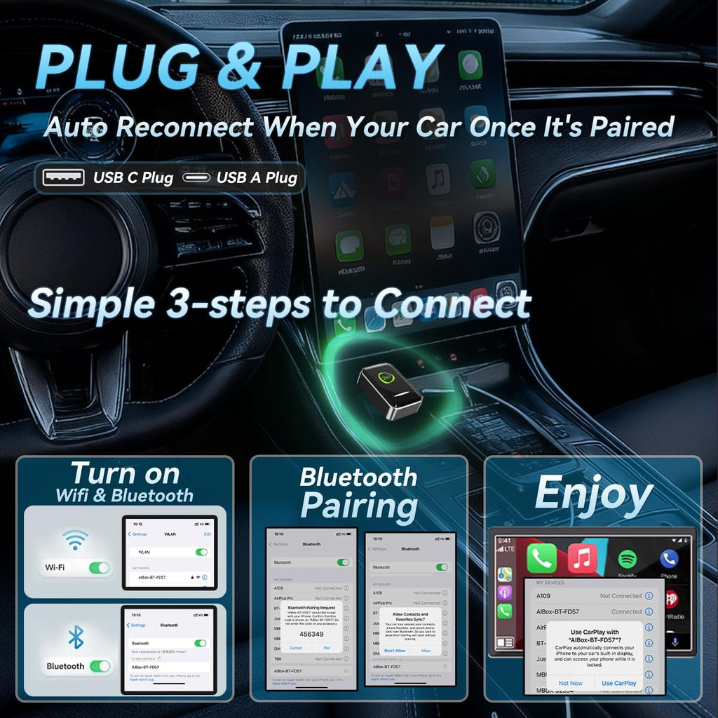 Wireless CarPlay Adapter for iPhone - 5s Auto-Connect, No Audio Lag - Convert Factory Wired to Wireless CarPlay - Bluetooth 5.3 & 5GHz Wi-Fi - Plug & Play