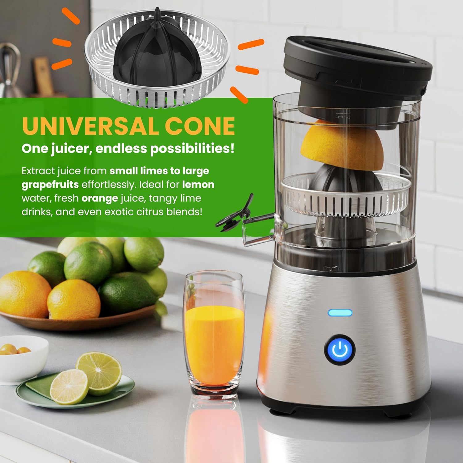 Eurolux Electric Citrus Juicer Stainless Steel | Premium Hands-Free One-Touch Orange Juice Squeezer for Oranges, Lemons, and Limes | Quiet Operation, Easy to Clean, Countertop Small Kitchen Appliance